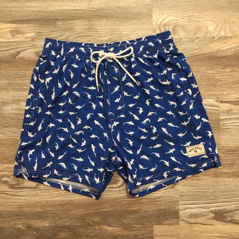 SHEIN Blue and White Shark Print Swim Trunks Built In Boxer Brief Medium